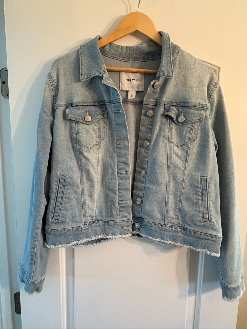Nine West Faded Blue Cropped Denim Jacket with Frayed Hem
